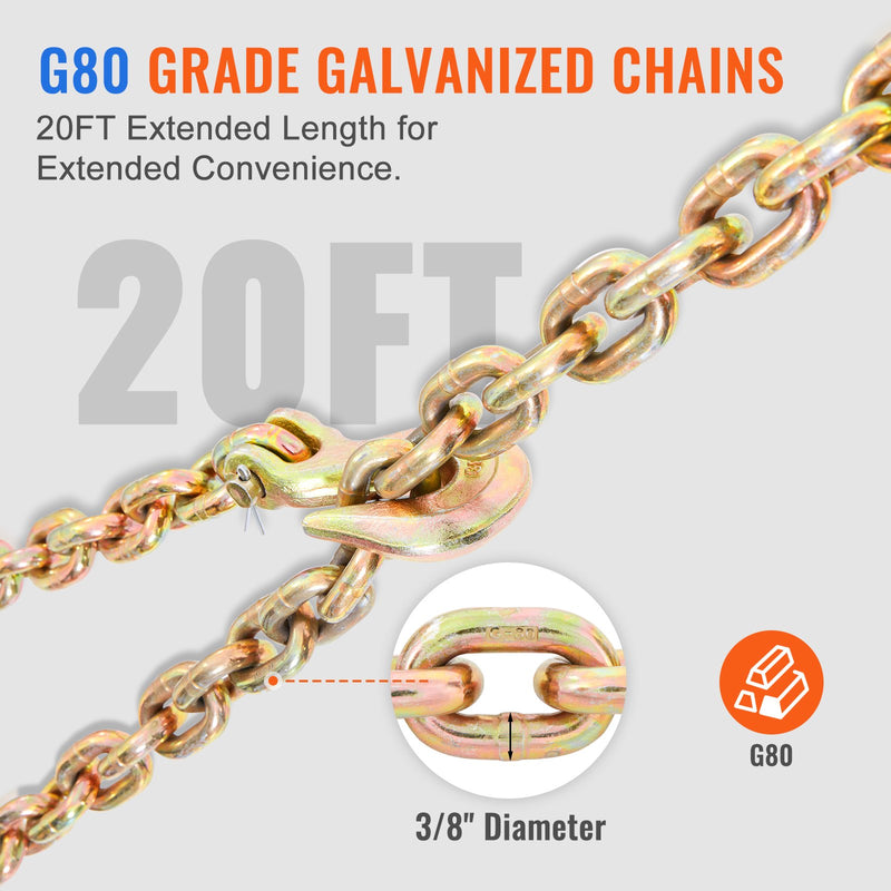 VEVOR Ratchet Chain Binder 3/8"-1/2" Load Binders 12000 lbs w/ G80 Chains 4 Pcs