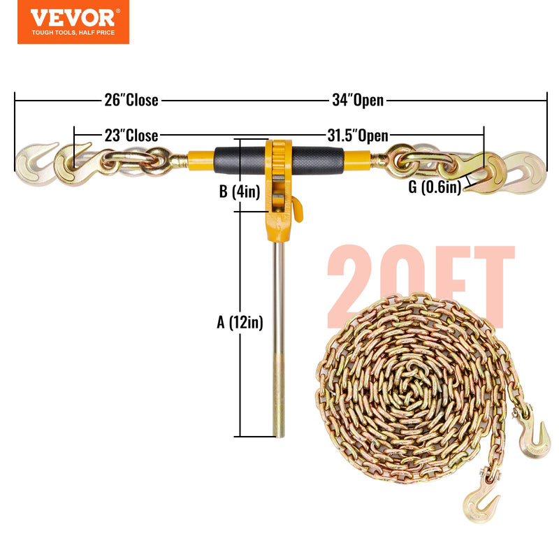 VEVOR Ratchet Chain Binder 3/8"-1/2" Load Binders 12000 lbs w/ G80 Chains 4 Pcs