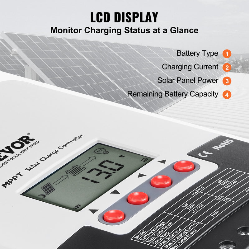 VEVOR 20A MPPT Solar Charge Controller, Auto DC Input, Solar Panel Regulator Charger with LCD Display Temperature Sensor Cable, for Sealed(AGM), Gel, Flooded and Lithium Battery Charging