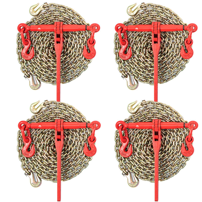 VEVOR Chain Load Binder, 8 mm Tie Down Kit with 3 Ton Working Load Capacity and Two Grab Hooks, Includes (4) Ratchet Binders - (4) 6.4 m Grade 80 Chains, Transport Load Package for Hauling, Towing
