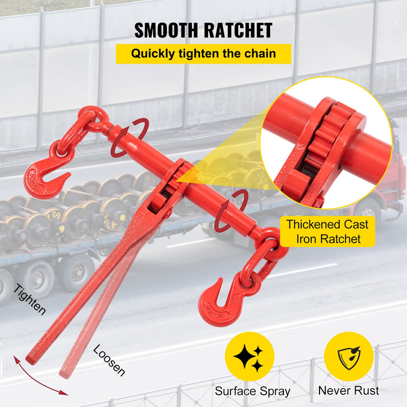 VEVOR Chain Load Binder, 8 mm Tie Down Kit with 3 Ton Working Load Capacity and Two Grab Hooks, Includes (4) Ratchet Binders - (4) 6.4 m Grade 80 Chains, Transport Load Package for Hauling, Towing